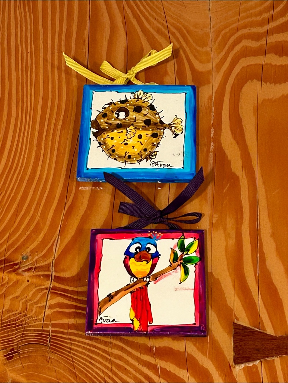 Hand-Painted Pufferfish & Colorful Bird Wall Tiles - Blue, Yellow, Red